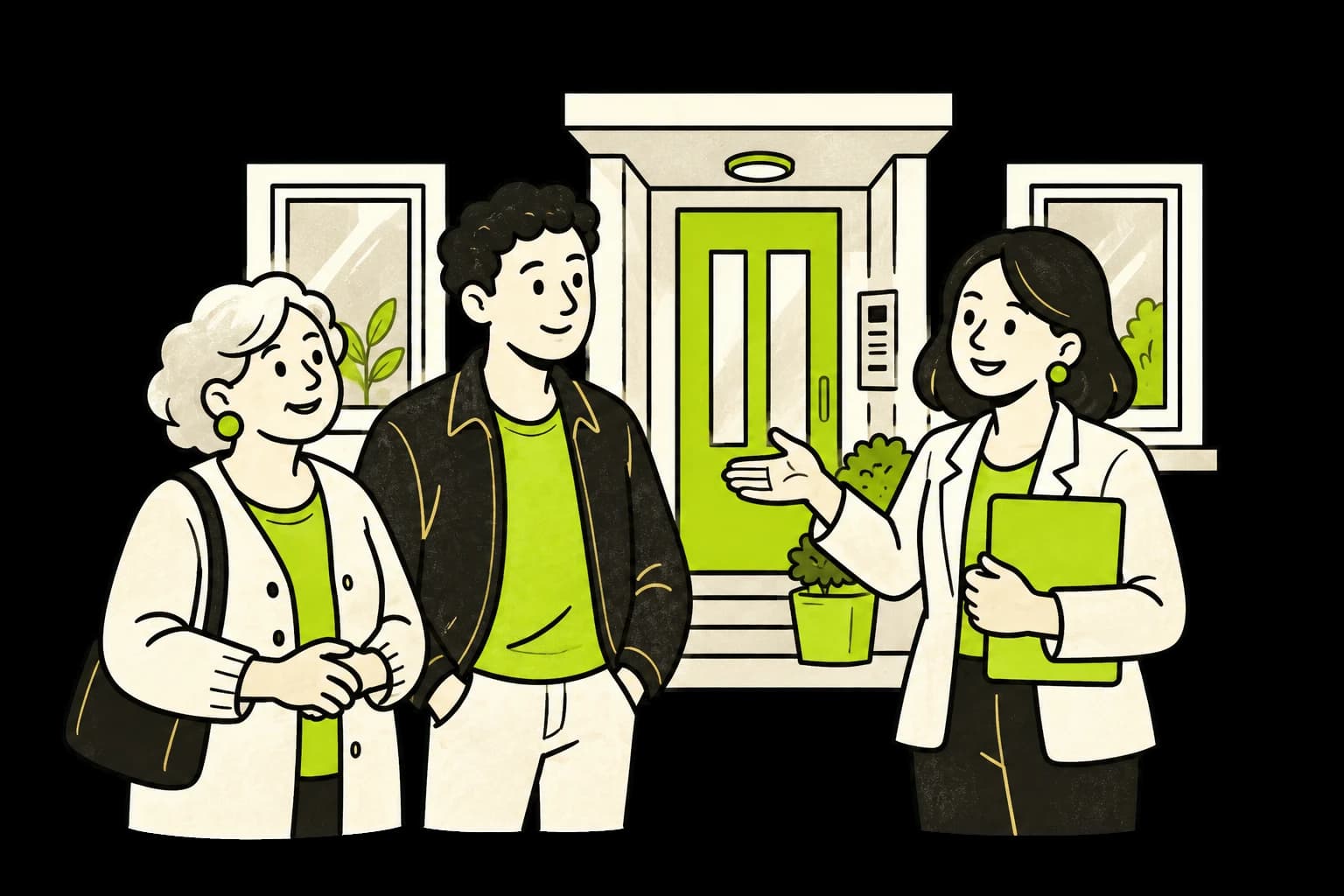 VvE-bewoners in gesprek met hun beheerder bij de ingang van hun appartementencomplex