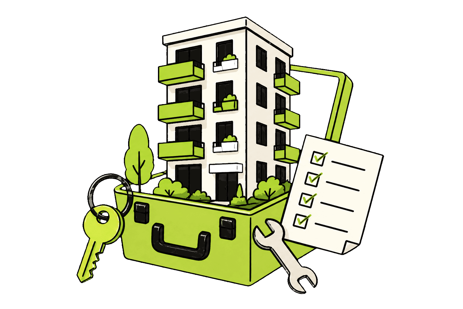 Illustratie van een appartementencomplex met sleutel, onderhoudsgereedschap en checklist